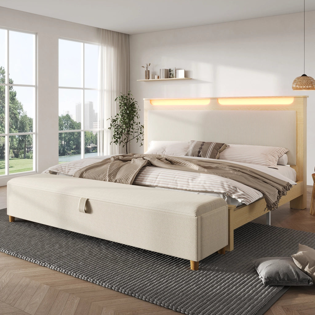 Letto matrimoniale 140x200 cm in legno effetto rovere chiaro con testiera LED, panca contenitore e materasso
