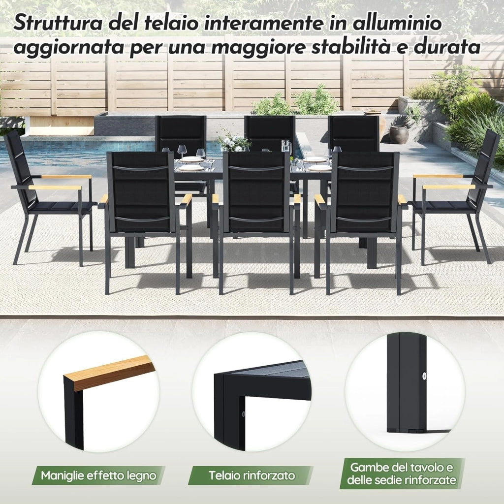 Set di Arredo da Giardino 8 Persone, Set di Tavolo 189 cm Design a Vena di Legno e 8 Sedie Impilabili da Esterno in Alluminio, Ideale per Cortile, Terrazza o Ai Margini della Piscina, Grigio