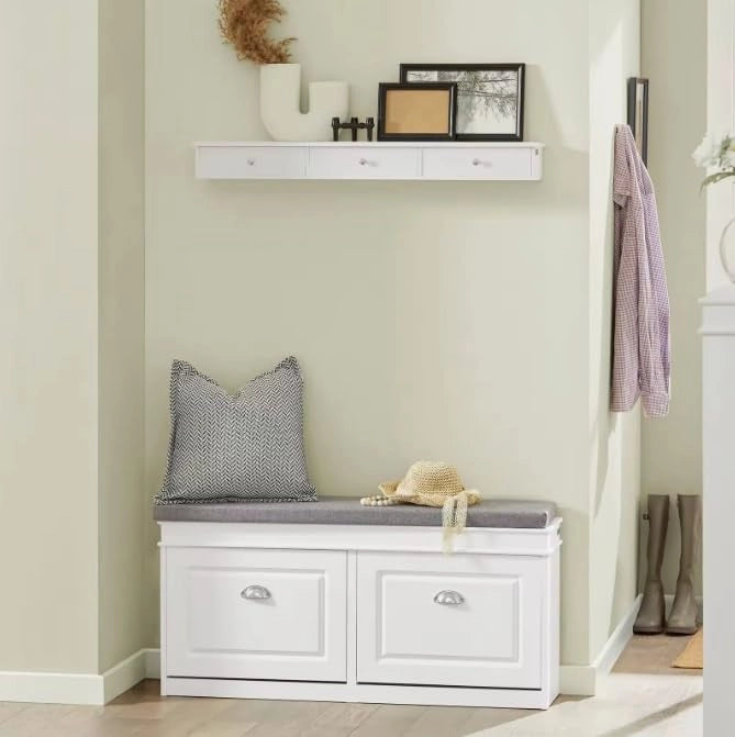 SoBuy Scarpiera Salvaspazio Slim da Ingresso Panca Contenitore con Cuscino, Cassapanca Scarpiera Regolabile per Casa, Camera, Corridoio, L104*P24*A52cm, Bianco, FSR64-W