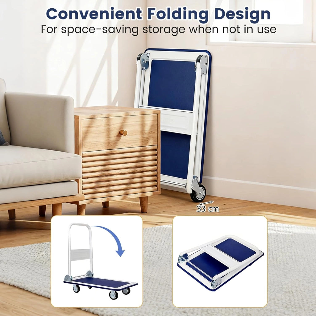 Carrello Pieghevole con Ruote, Carrello a Piattaforma da Transporto, Capacità 150 KG, con Piattaforma Antiscivolo, per Trasporto, Movimentazione, Demenagement, 73 X 48 X 83 CM (Blu+Bianco)