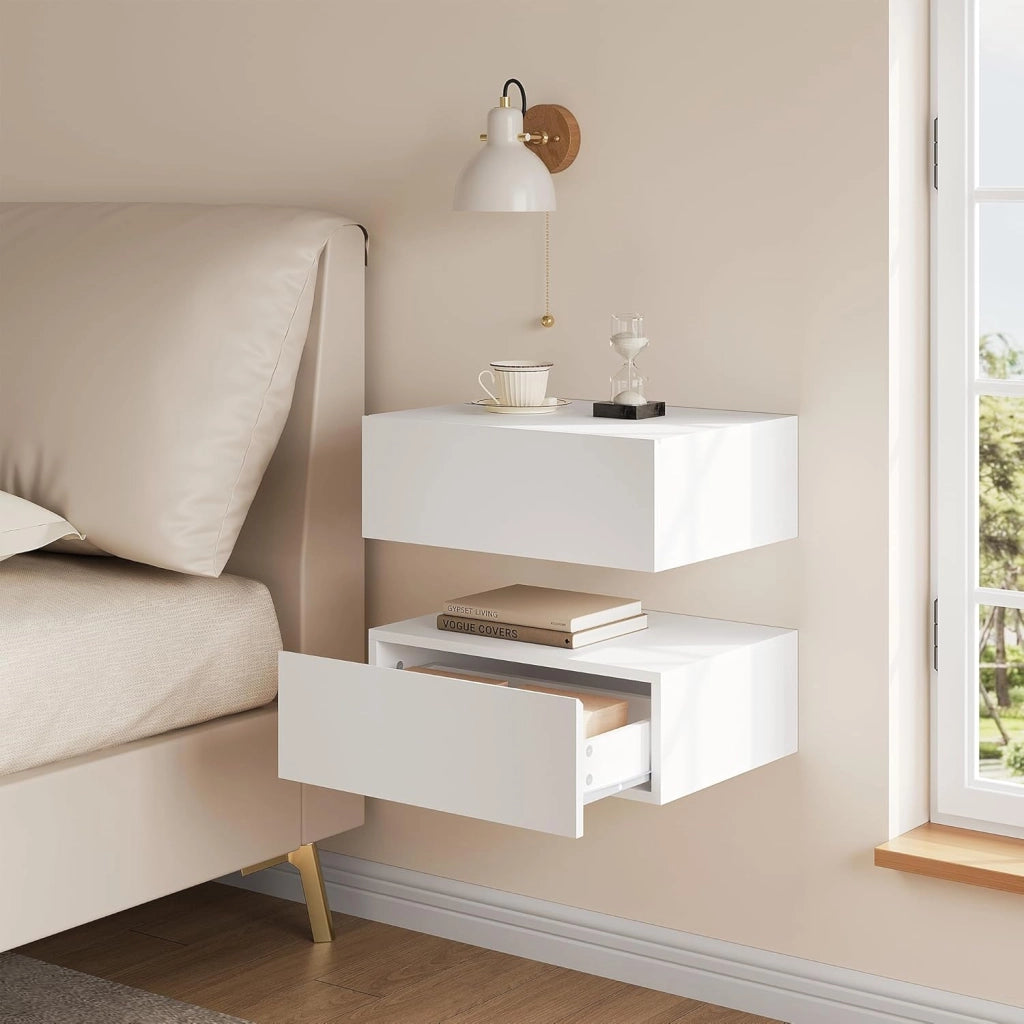Set di 2 Comodini Sospeso con Cassetto, Comodino Galleggiante, 40x30x14 cm, Comodino a Parete Mensola da Letto, Mobili per Camera da Letto in Legno, Salvaspazio, Moderno, Bianco, NTS24ws-2