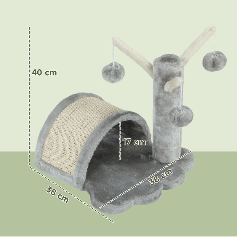 Tiragraffi per gatti con cuccia, piattaforma a zampa e 2 palline, 40 cm, grigio chiaro