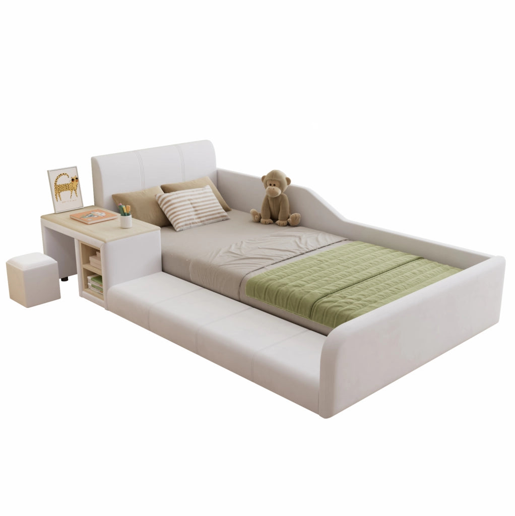 Letto imbottito 90x200 cm con scrivania; sgabello e ripiano in velluto bianco