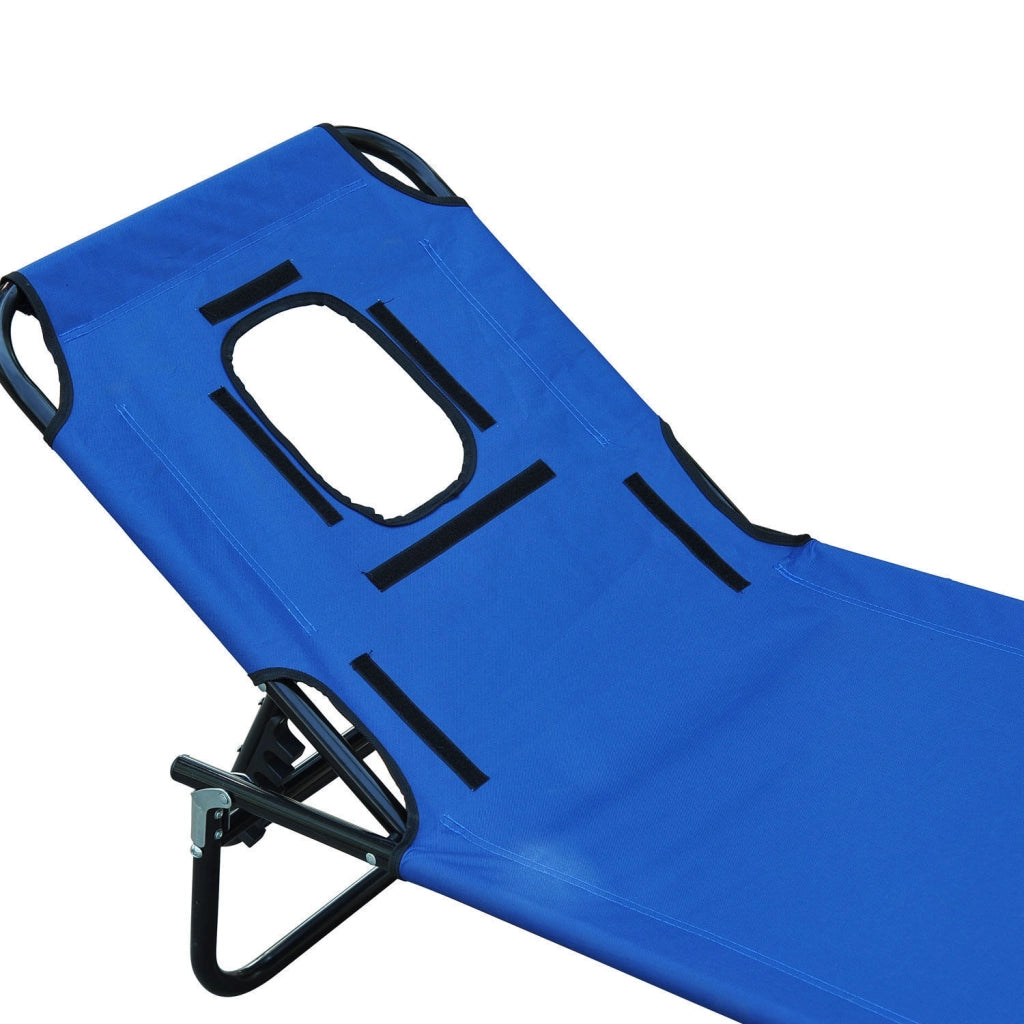 Lettino prendisole reclinabile a tre gambe con finestra di lettura e apertura per il viso blu