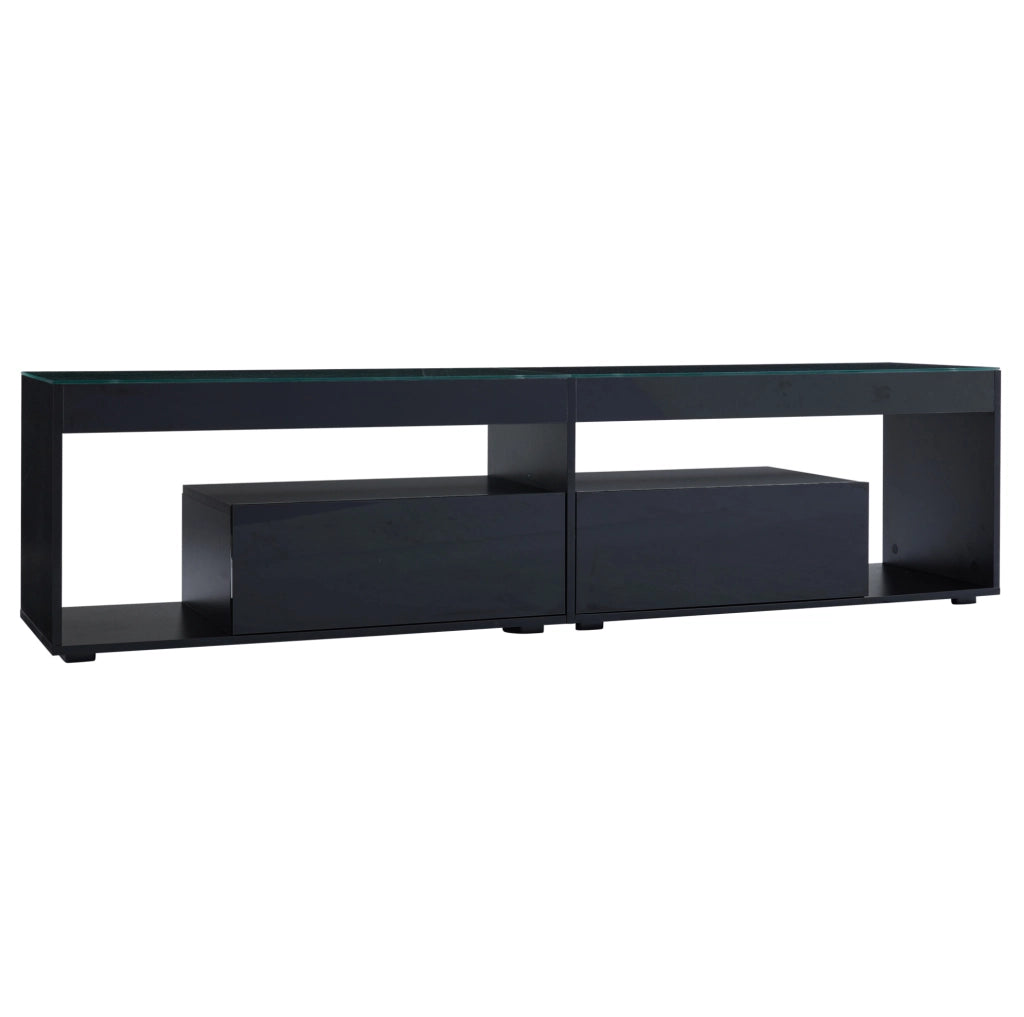 Mobile TV nero lucido con LED, 2 cassetti e piano in vetro temperato