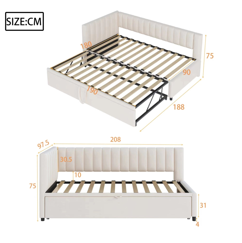Divano letto a L estraibile in velluto beige 90 x 200 cm