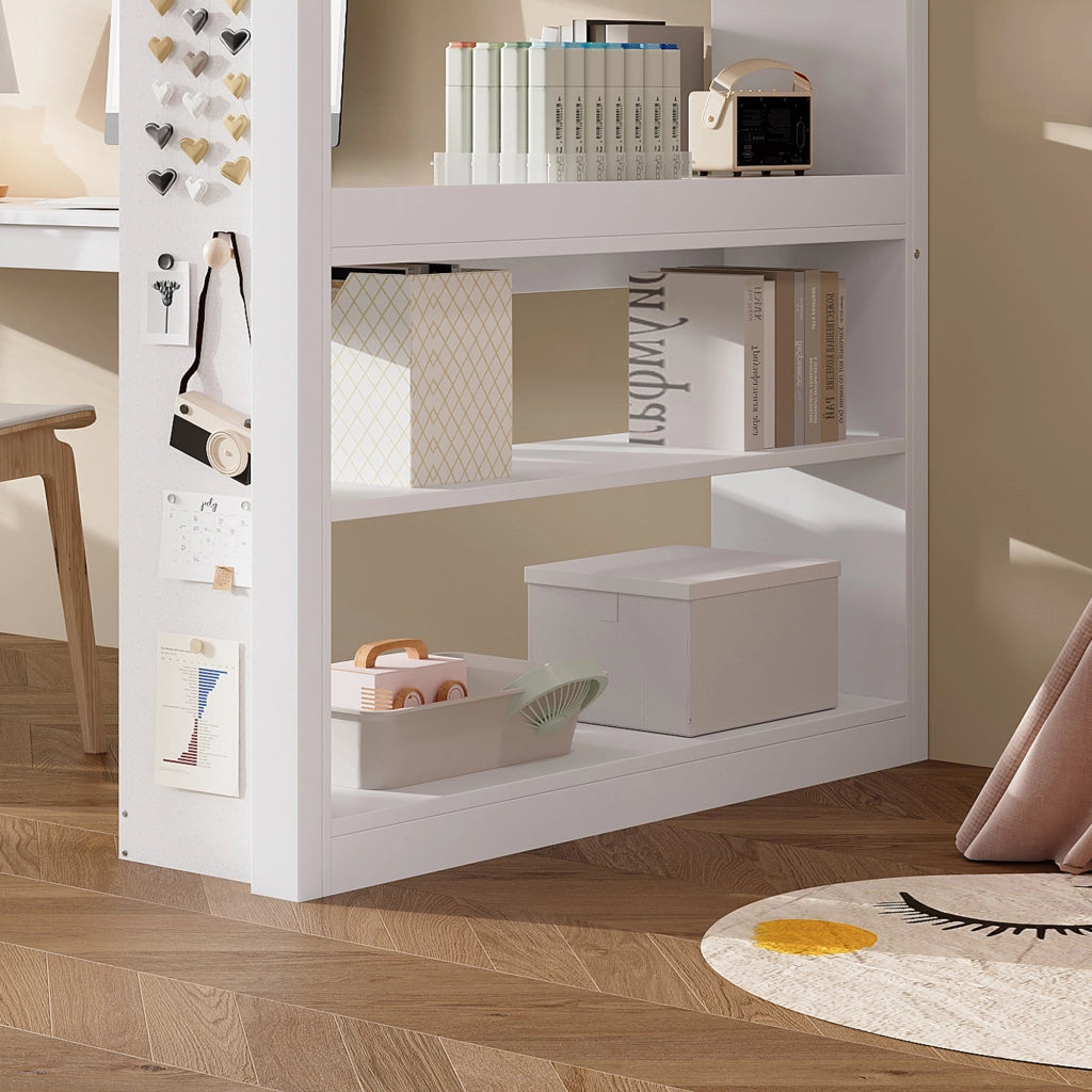 OKWISH Letto a Soppalco 90×200 cm, Letto Singolo con Mensola, Pannello in Feltro e Scala Inclinata, senza Materasso, Bianco