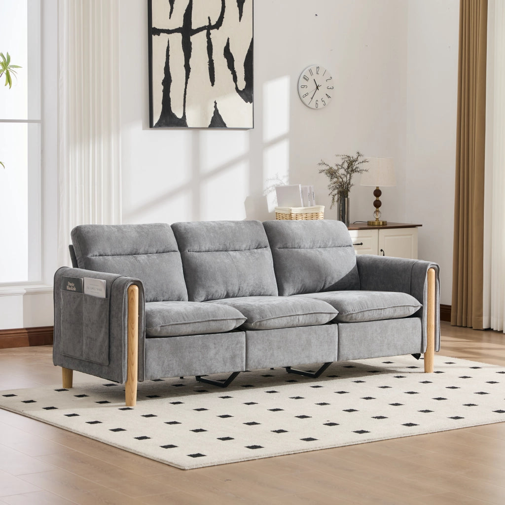 Divano ad angolo modulare con vano contenitore e tasche laterali in chenille grigio chiaro compatto 201 × 77 × 86 cm