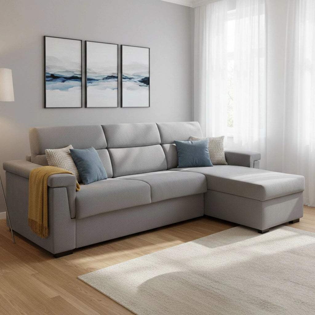 Esca, Divano Letto con Penisola Sfoderabile Made in Italy, 285x160 cm Grigio