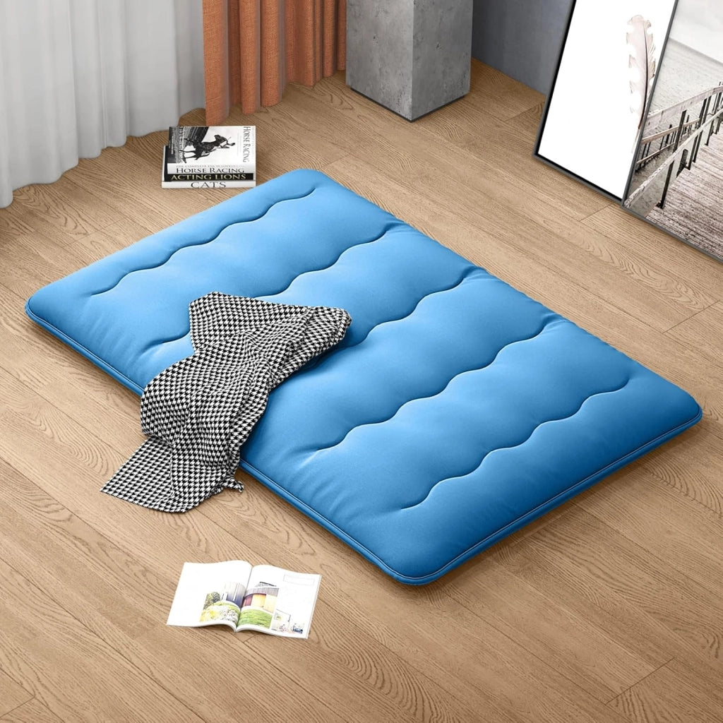Futon - Materasso portatile giapponese 140 x 200 cm, imbottitura in cotone, materasso pieghevole per 2 persone, borsa per il trasporto, fodera lavabile, 2 fasciature, tatami pieghevole per