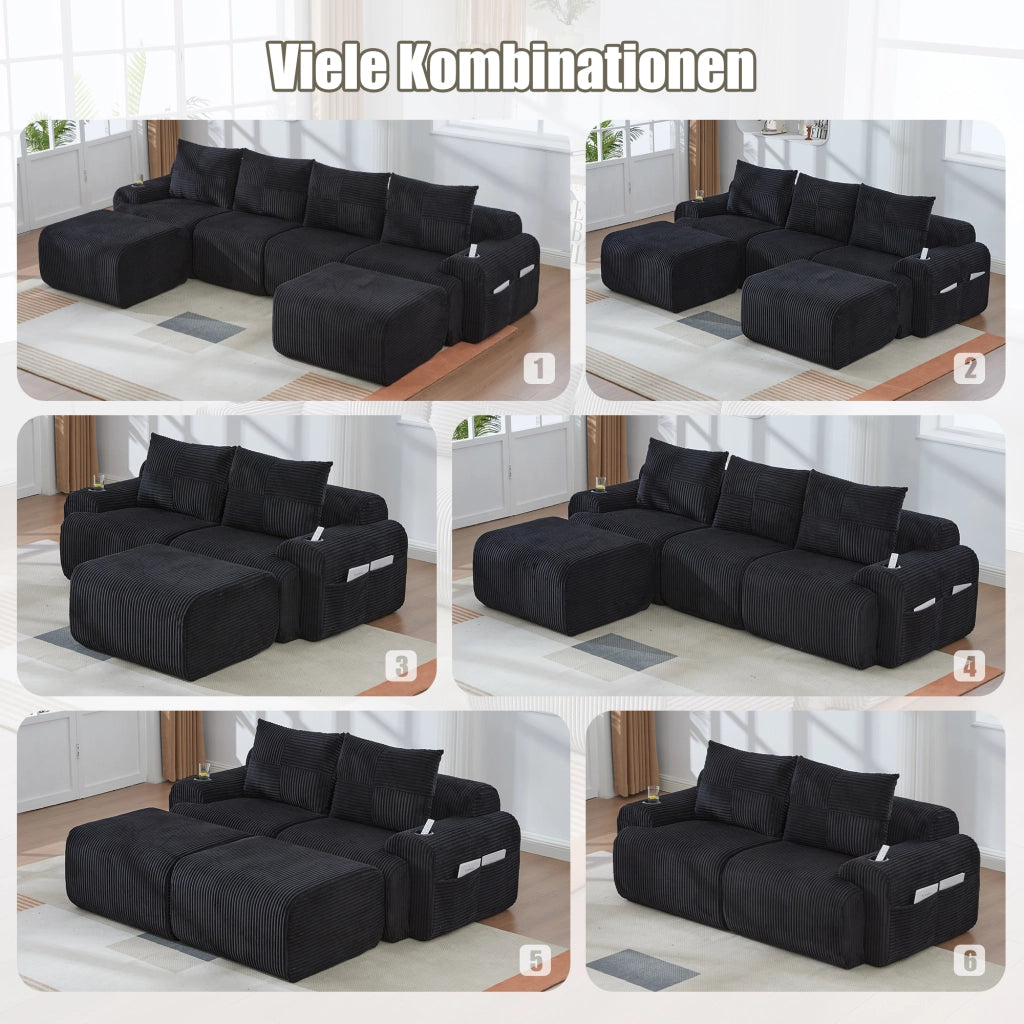 DIVANO Modulare a 3 posti in velluto a coste nero, 268x174x66 cm