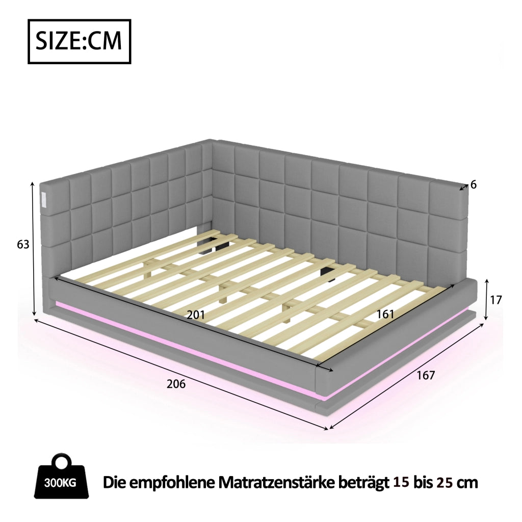 OKWISH Divano Letto 160×200 cm, Letto Matrimoniale con LED Regolabile, USB e Doghe, senza Materasso, in Lino, Grigio