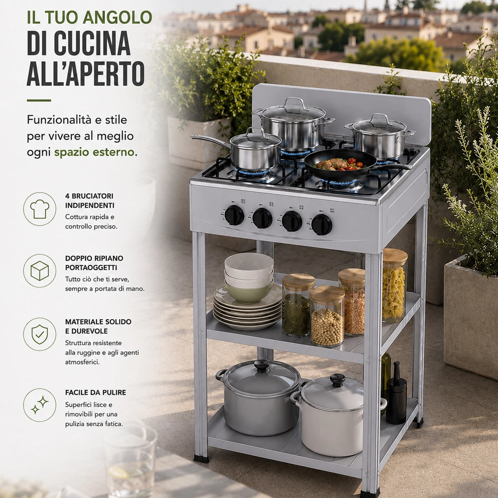 Cucina da Esterno con 4 Fuochi Grigio Cucinotto da Campeggio in Ferro 49x49x79cm