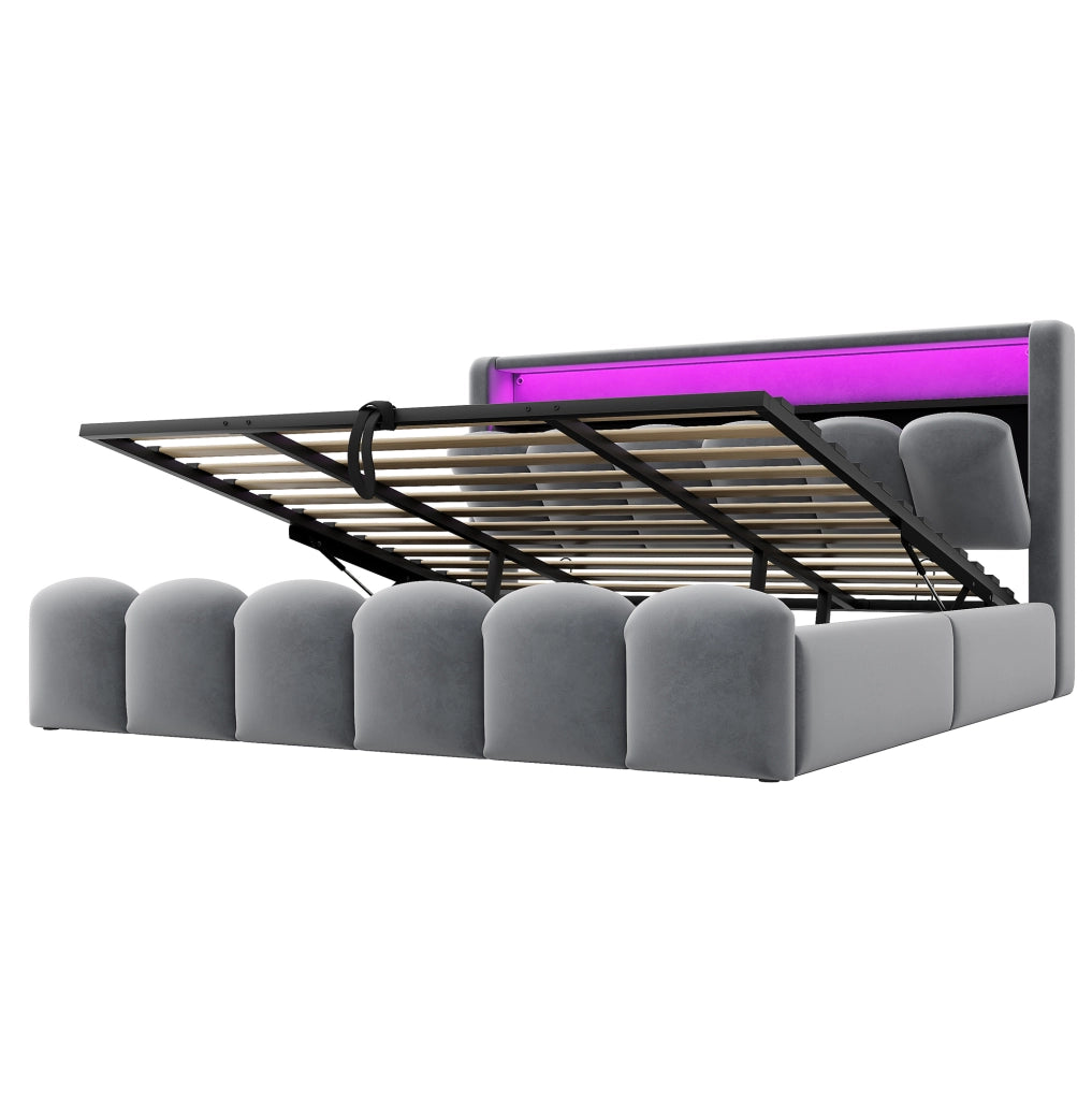 Letto matrimoniale 180x200 cm con contenitore idraulico, LED, USB e USB-C in velluto grigio