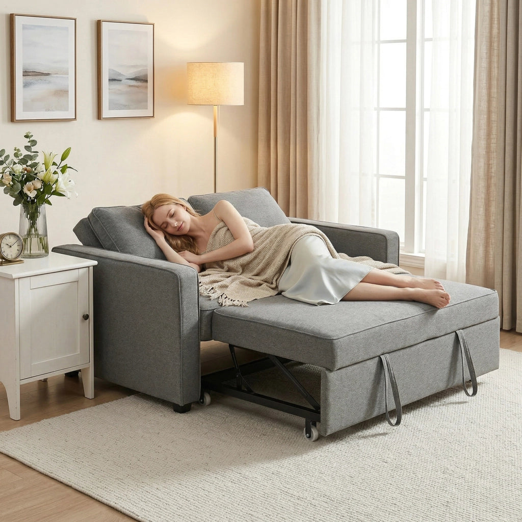 Divano Letto 2 Posti con Schienale Regolabile e Cuscini ¨C Zephmum ¨C Tessuto Grigio