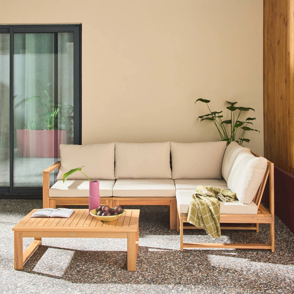Salotto da giardino modulare in legno di acacia e tessuto beige, 4