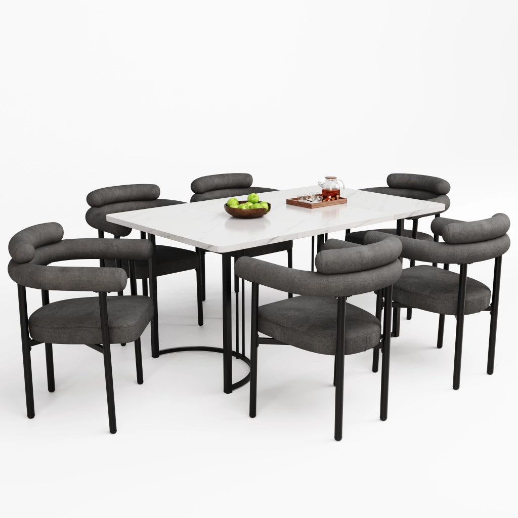 Tavolo da pranzo con 6 sedie imbottite schienale traforato gambe in metallo stile moderno bianco grigio scuro