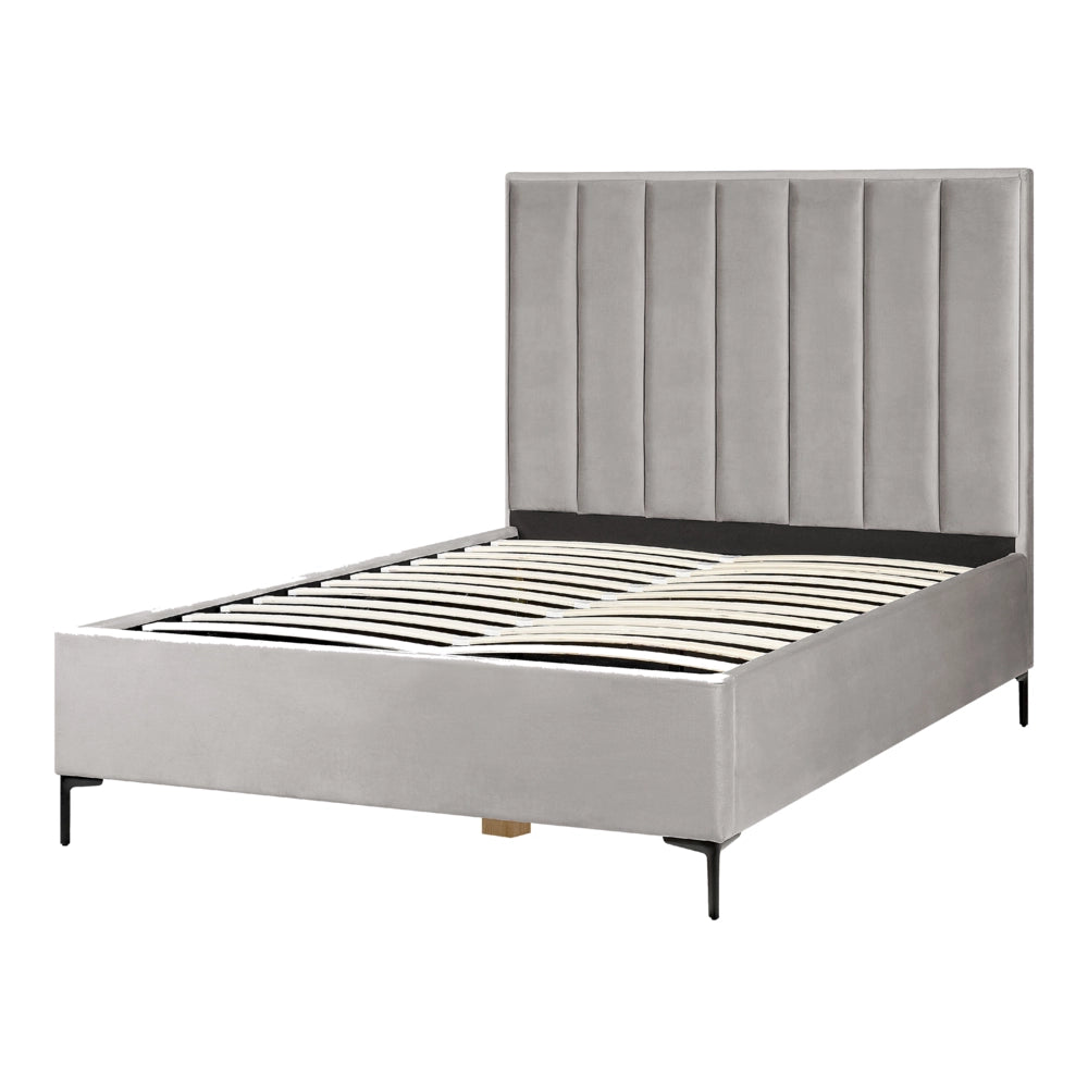 Letto in velluto grigio chiaro matrimoniale 140 x 200 cm con ottomana testata imbottita contenitore gambe in metallo Nero