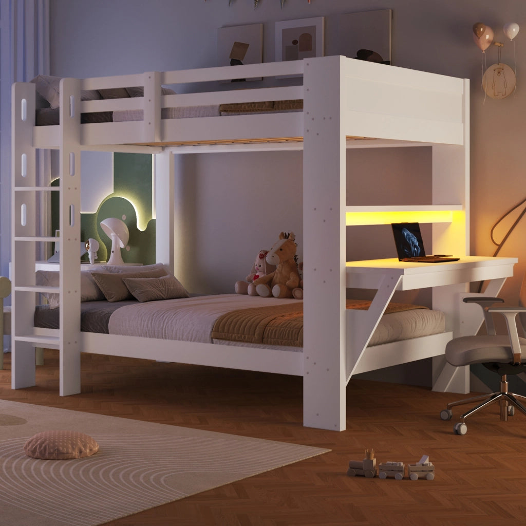 Letto a Castello 90x200 cm con Vani Contenitore; LED; Tavolo; Scala e Sponde; Bianco