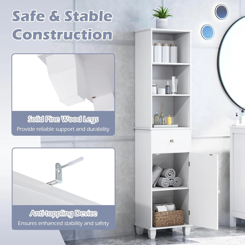 Mobile alto 172 cm, armadio da bagno sottile con 3 ripiani aperti, 1 cassetto, 1 anta e ripiano regolabile, 40 x 30 cm, mobile da bagno indipendente per cucina e soggiorno