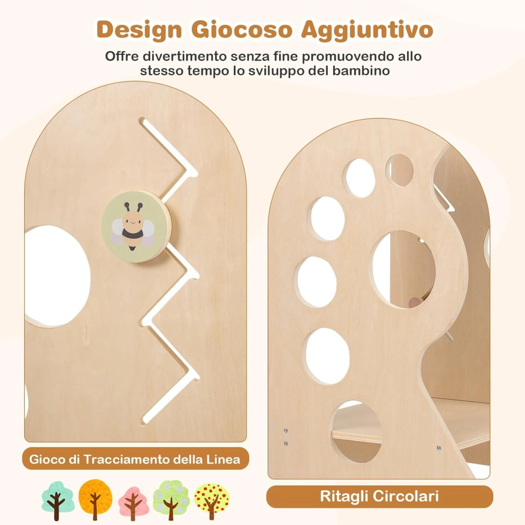 Torretta Montessoriana 2 in 1 in Legno, Torre di Apprendimento con Barre di Sicurezza Rimovibili e Sgabello a 2 Gradini, Set Versatile con Giochi Sensoriali per Bambini 3+ Anni