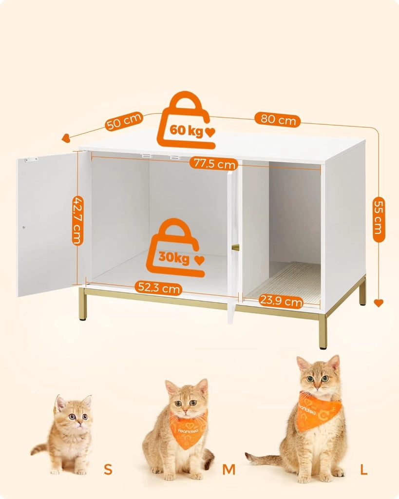Feandrea Mobile Lettiera per gatti Casa del WC per gatti con tappetino raschiante, piedi alti, tavolino, 80 x 50 x 55 cm, bianco e oro PCL007W01