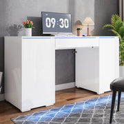 Scrivania moderna lucida 140 x 50 cm con LED, 1 cassetto, 2 ante e ampio spazio contenitivo, bianco