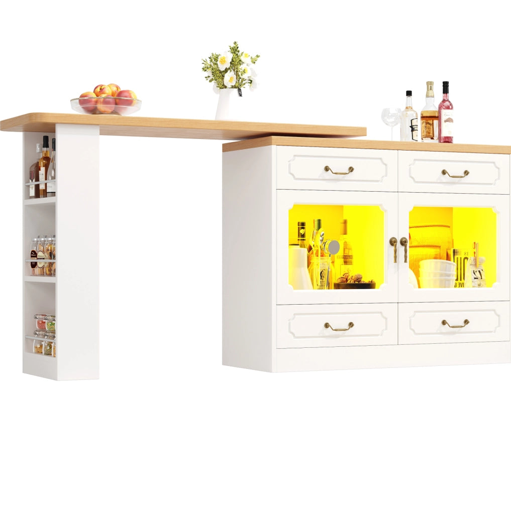 Tavolo bar 135-203x39x92.8 cm allungabile con rotazione a 360° e LED in MDF bianco e naturale