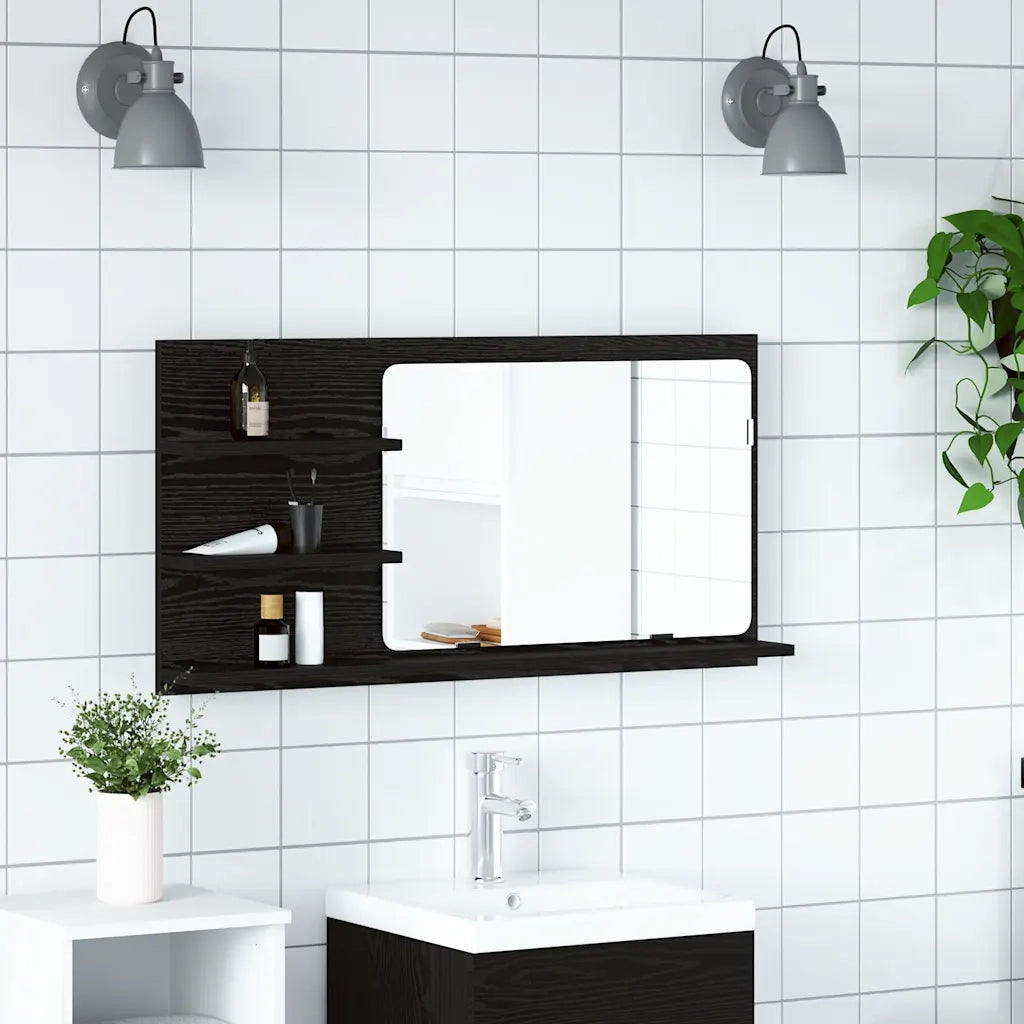 Mobiletto con Specchio per Bagno Rovere Nero 90x11x45 cm in Legno Massello 862029