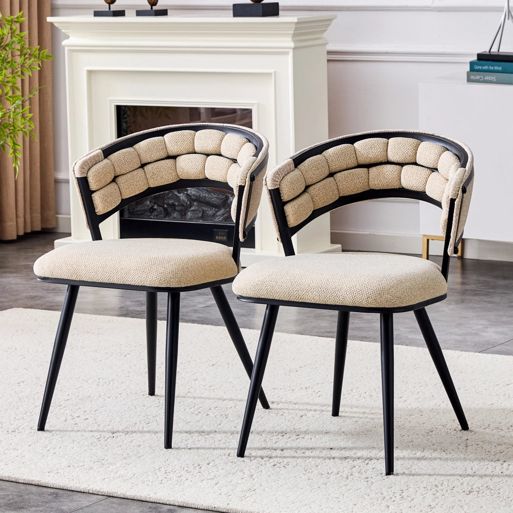 Sedia da Pranzo Set da 2 con Schienale Trapuntato e Gambe in Metallo in Velluto Beige e Nero