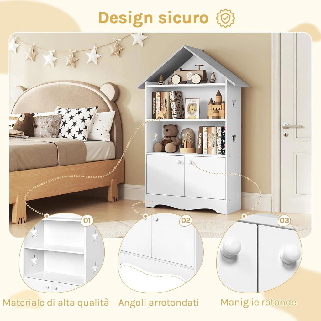 Libreria in Legno per Bambini, Scaffale a Forma di Casa, Porta Giochi Organizzatore per Cameretta, con Ante Bianco + Tetto Grigio 62x27,2x115cm