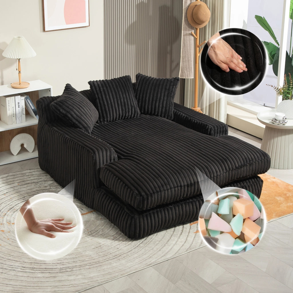Méridienne Poltrona con 3 Cuscini, Design Ergonomico e senza Montaggio, in Velluto a Coste Nero 125 × 155 × 63 cm