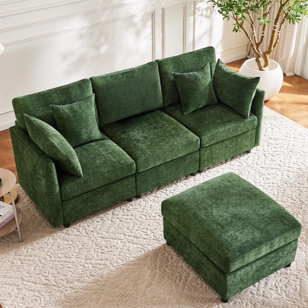 Divano angolare modulare con pouf mobile e 4 cuscini in chenille per soggiorno e ufficio verde 216 × 161 × 81 cm