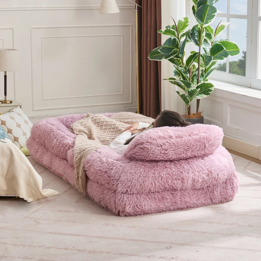 Poltrona Convertibile 1 Posto con Schienale Reclinabile a 5 Posizioni e Cuscino, in Tessuto Peluche, Rosa