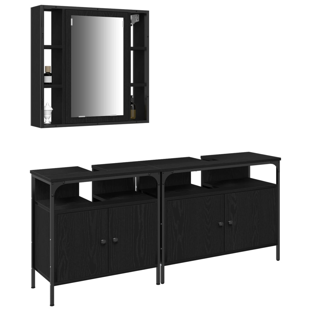 Set di mobili per bagno a 3 pezzi in legno ingegnerizzato nero e quercia