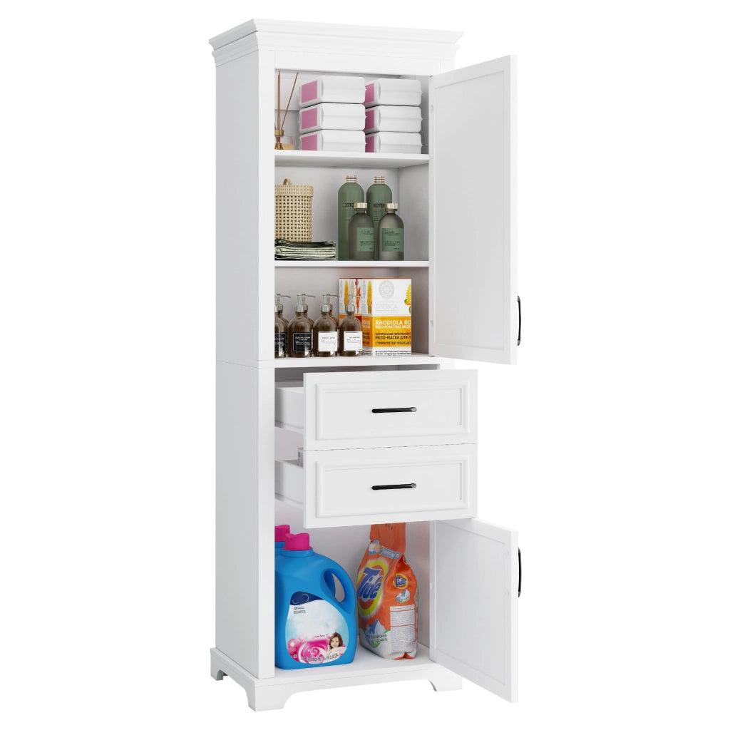 Armadietto da bagno con 2 cassetti, 2 ante e ripiani aperti, in MDF, per bagno, bianco, 60 × 40 × 180 cm