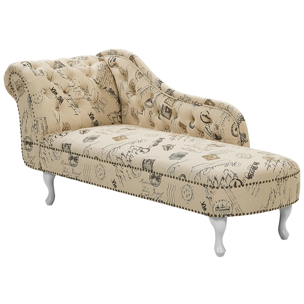 Chaise longue Beige a versione sinistra in tessuto di poliestere con bottoni a testa di chiodo con stampa di timbri