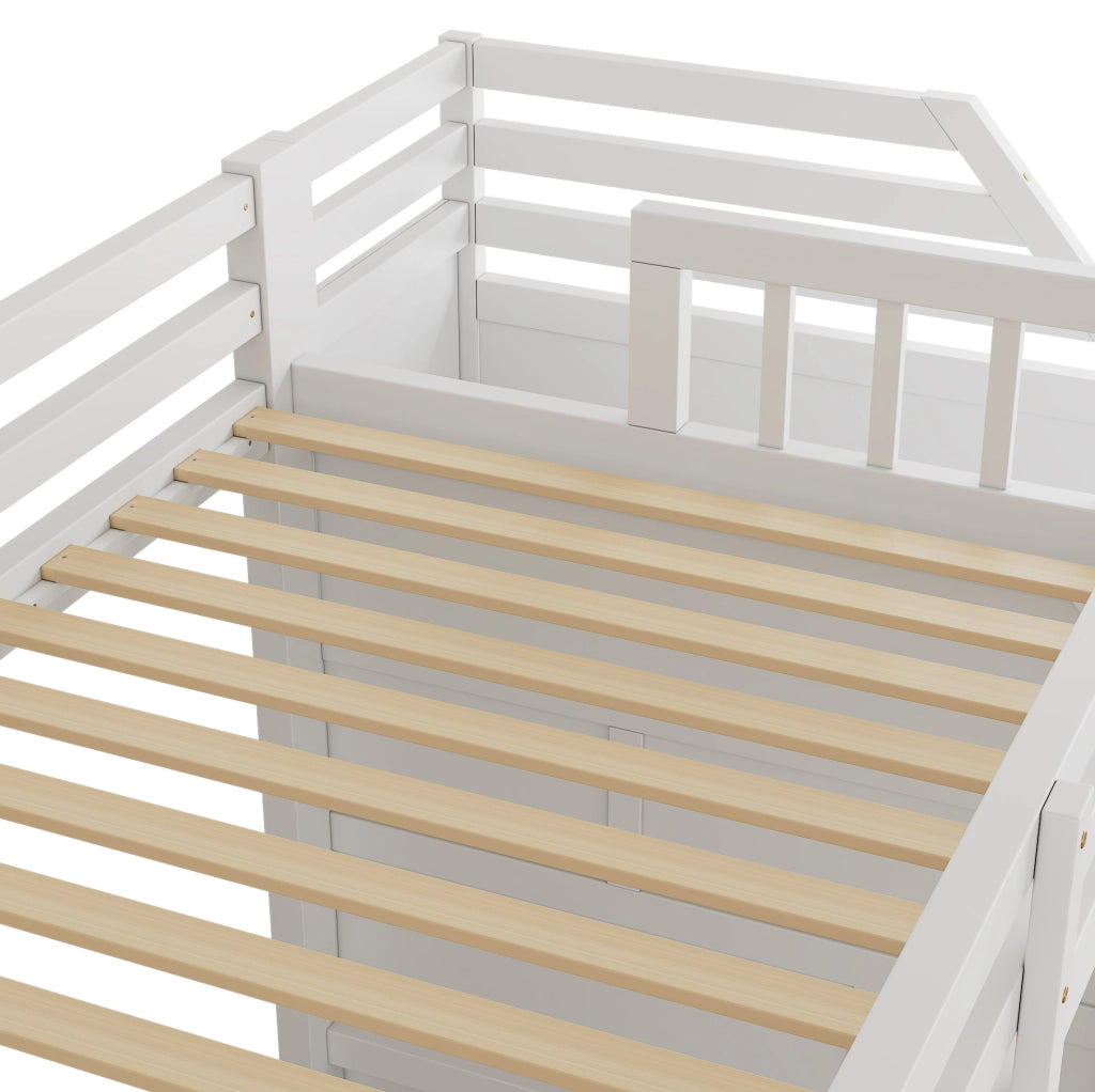 Letto a soppalco per bambini 90x200 cm con rete a doghe; scala contenitore e barriera; bianco