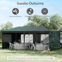 Gazebo da Giardino 6x3 m per Eventi con Pareti Rimovibili e Finestre Trasparenti, Verde