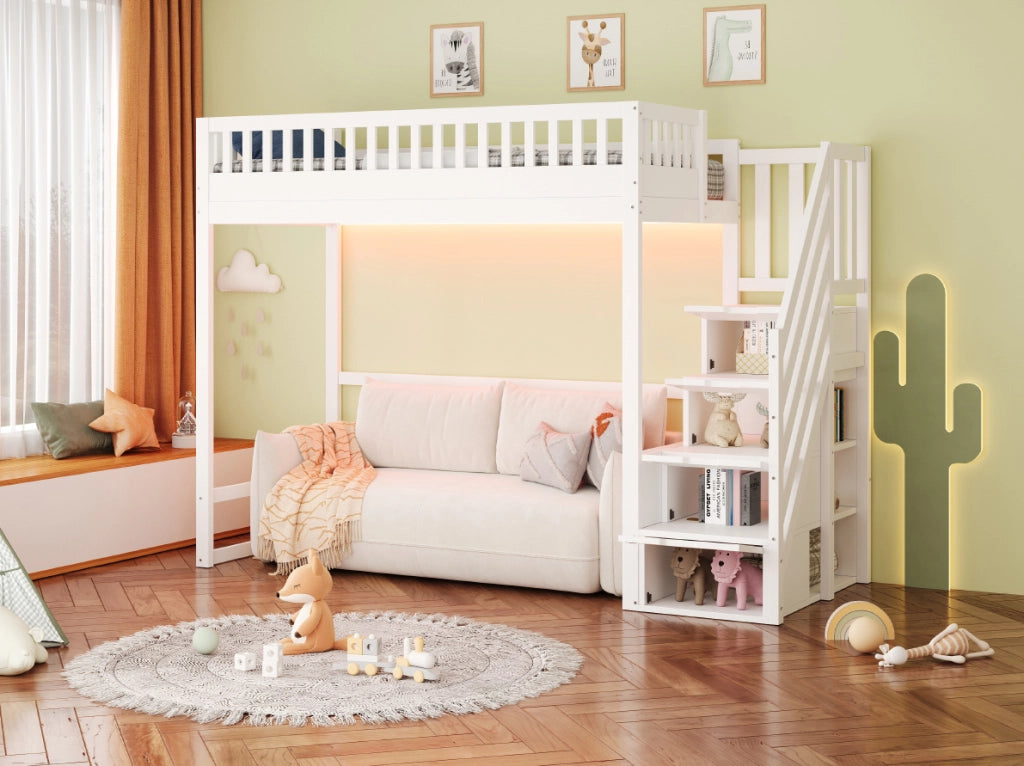 Letto a Castello in Legno di Pino 90x200 cm con Scaletta di Sicurezza e LED, Bianco