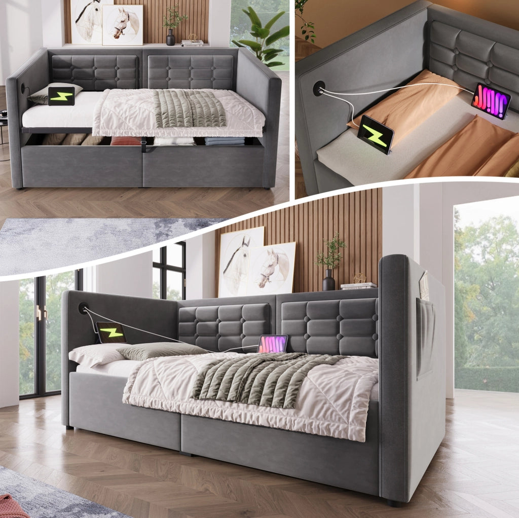 Divano letto singolo 90x190 cm in velluto grigio con contenitore idraulico e USB Type-C
