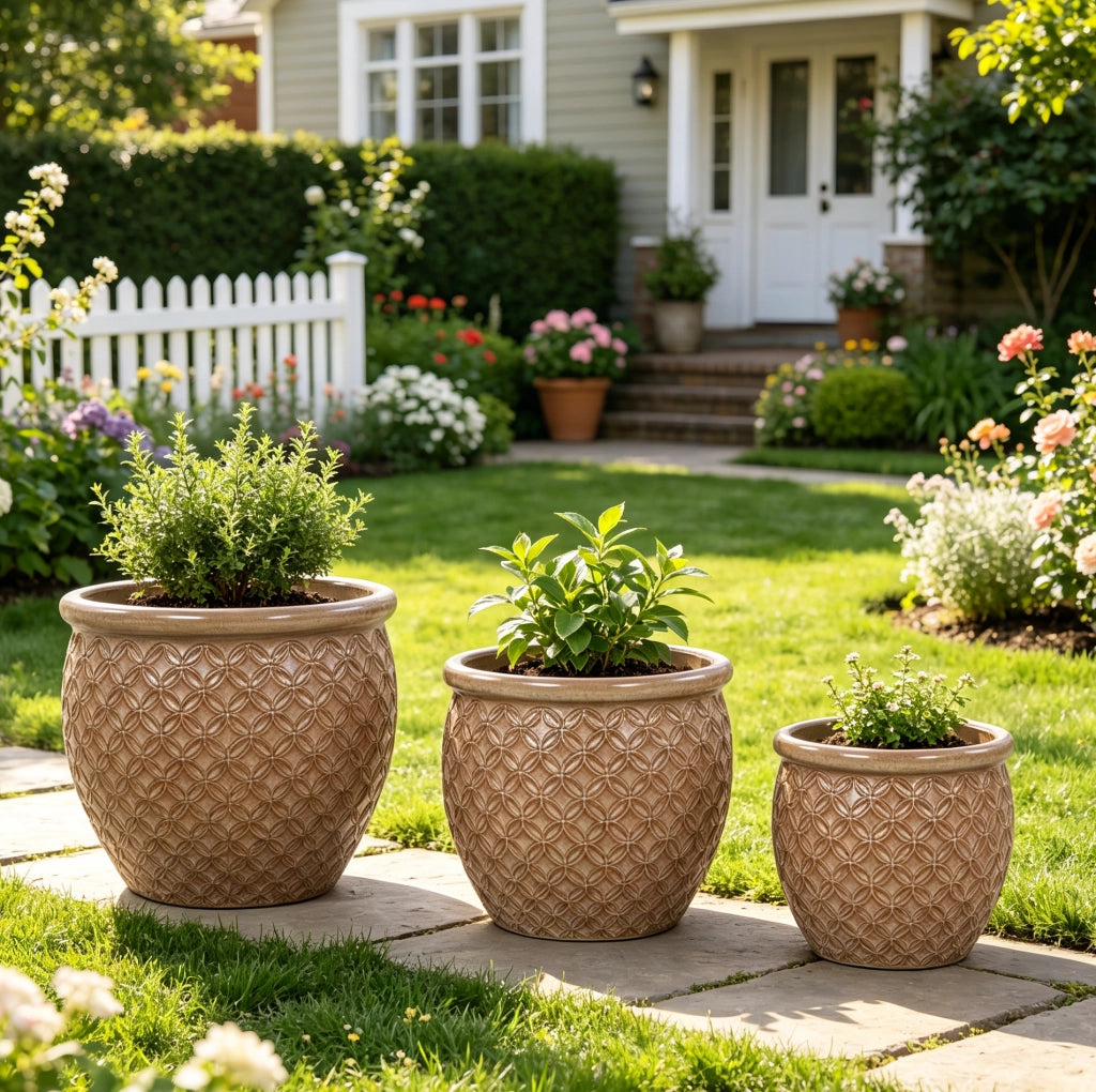 Set 3 vasi da giardino in ceramica beige Ø 38;5/30;5/23 cm HOMVRA