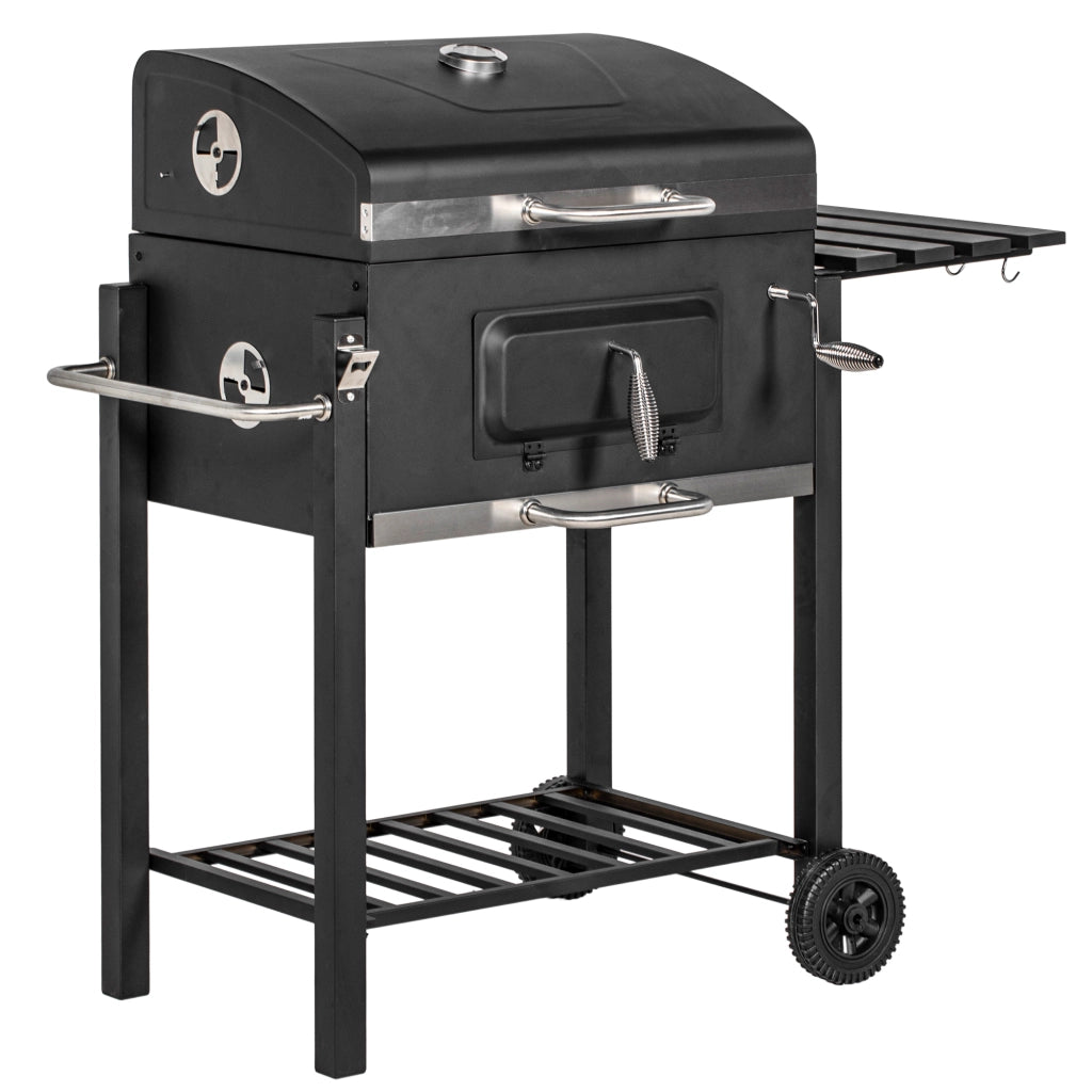 Carrello per barbecue a carbone, supporto per barbecue in acciaio inox nero, dimensioni 113x65x108 cm, per giardino e terrazzo.
