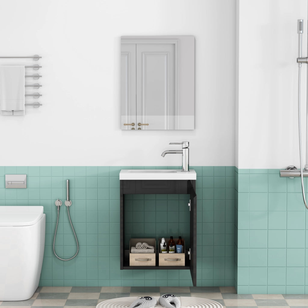Mobile bagno sospeso con lavabo in ceramica e specchio; chiusura ammortizzata; per bagno; in MDF; nero lucido