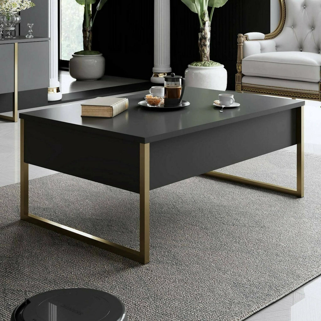 Tavolino da salotto Lavinia, Tavolo basso da caffè, Portariviste per divano, Ripiano da soggiorno, 90x60h40 cm, Antracite e Oro