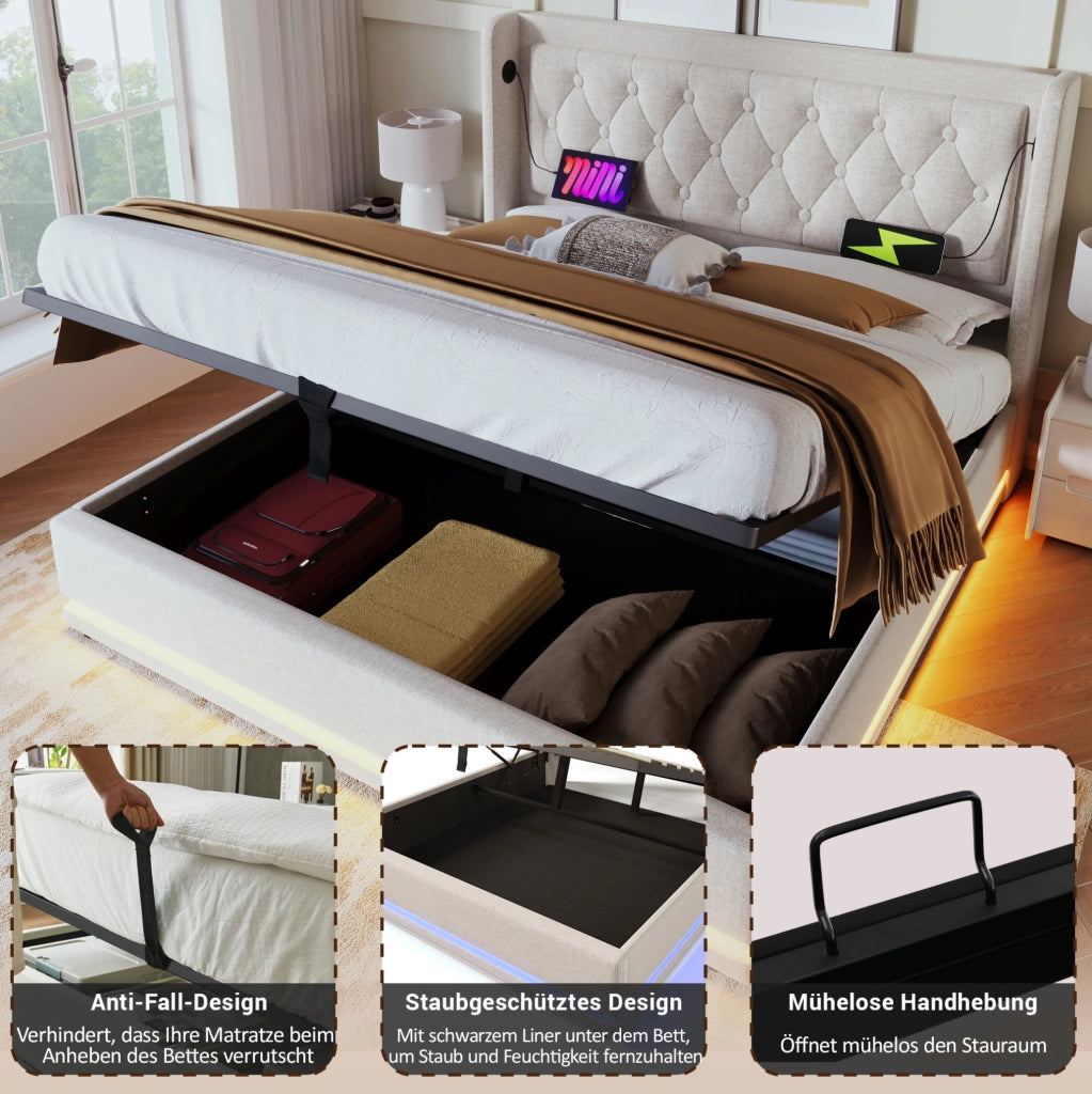 Letto matrimoniale 160x200 cm imbottito beige con contenitore; LED a 3 lati e porte USB/Type-C; con materasso