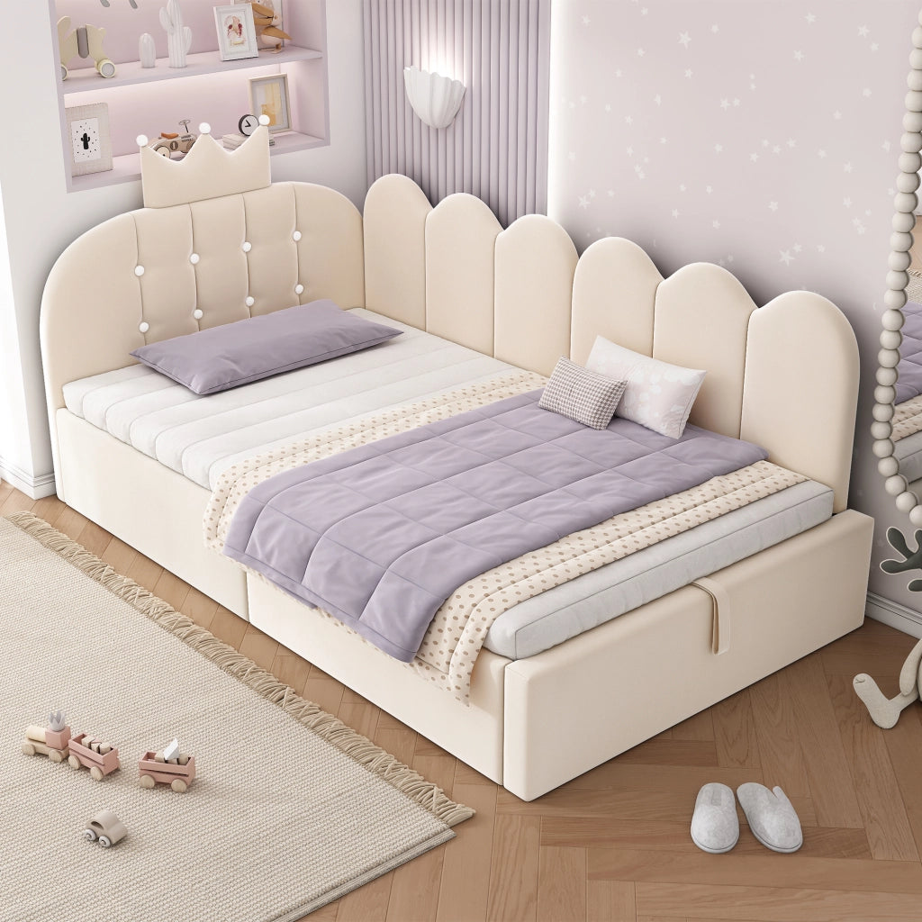 Letto a una piazza 90x190 cm in velluto beige con contenitore, design corona, senza materasso