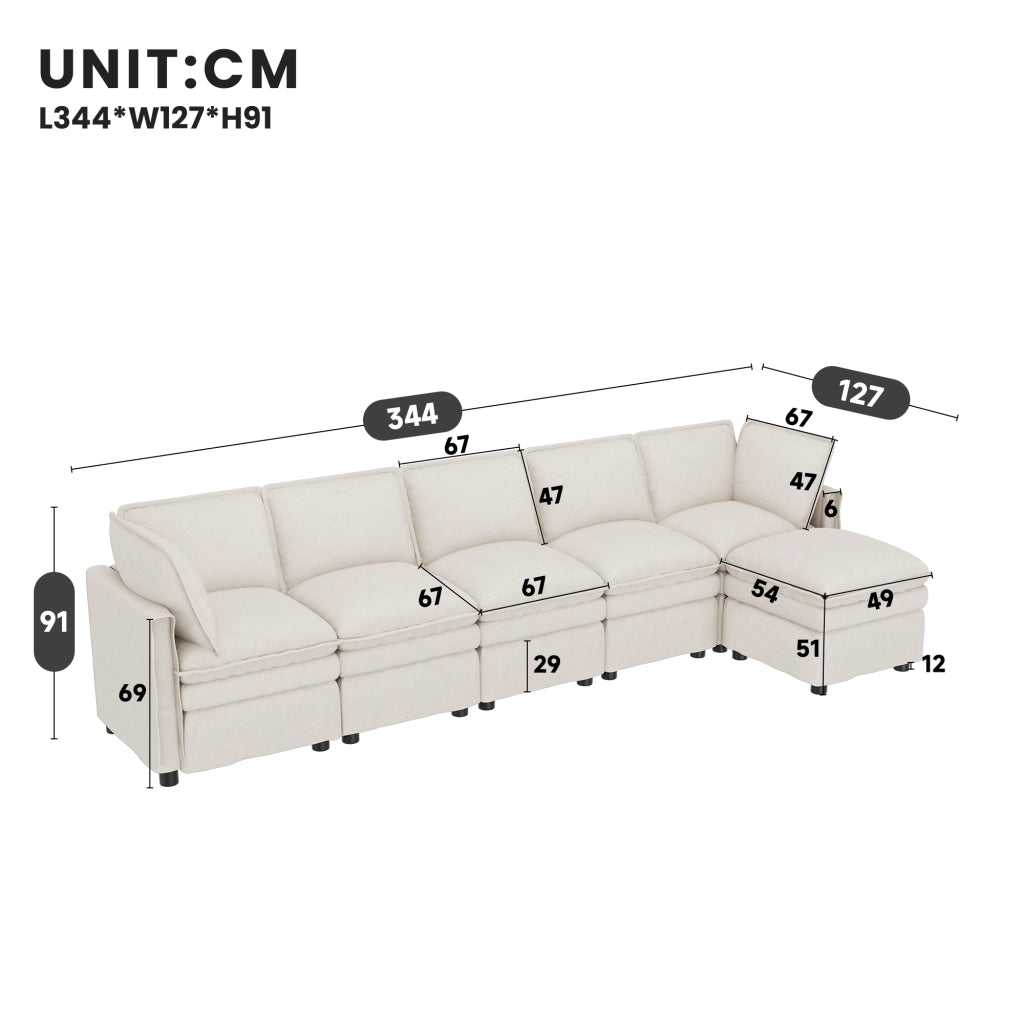 Divano modulare a U con funzione letto e pouf mobile in chenille beige con seduta doppia 6 posti 344 × 127 × 91 cm