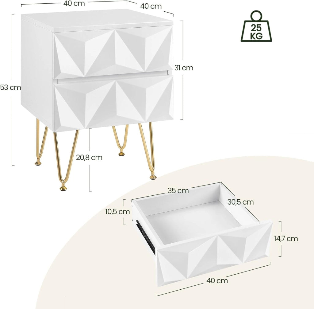 Comodino per Camera da Letto, Comodino Bianco con 2 Cassetti e Gambe Dorate, 40x40x53cm, Tavolino da Salotto, Divano, Cameretta, Frontale in Rilievo, in Legno e Metallo, 0001CTG