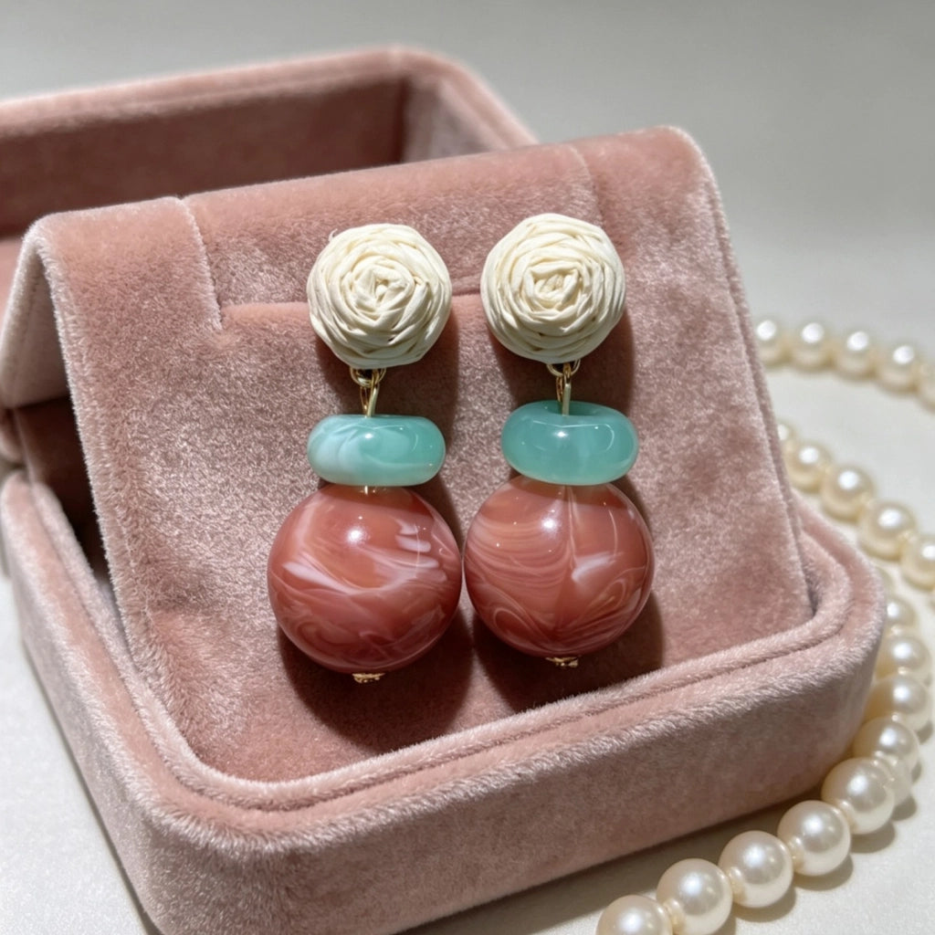 Orecchini a lobo rotondi rosa con combinazione di colori rosa e blu, nuovi orecchini in stile cinese, orecchini delicati e suggestivi per donna.